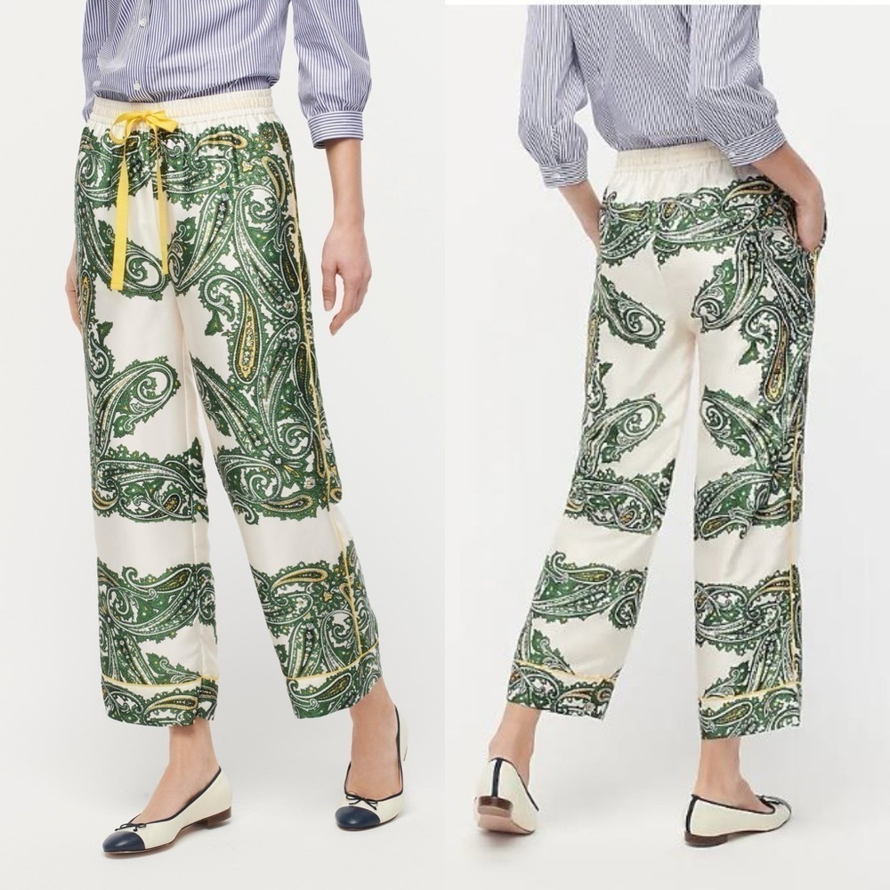 J. Crew Green Paisley Print Wide-Leg Pants with Yellow Drawstring - Picture 6 of 8